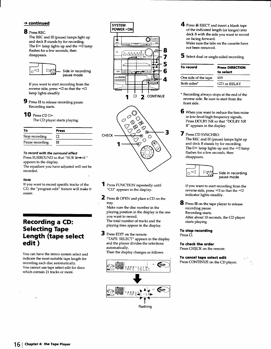 To stop recording, To check the order, To cancel tape select edit | Sony LBT-D570 User Manual | Page 16 / 30