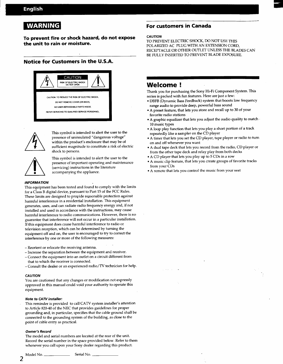 For customers in canada, Notice for customers in the u.s.a, Warning | Welcome | Sony LBT-D570 User Manual | Page 2 / 30