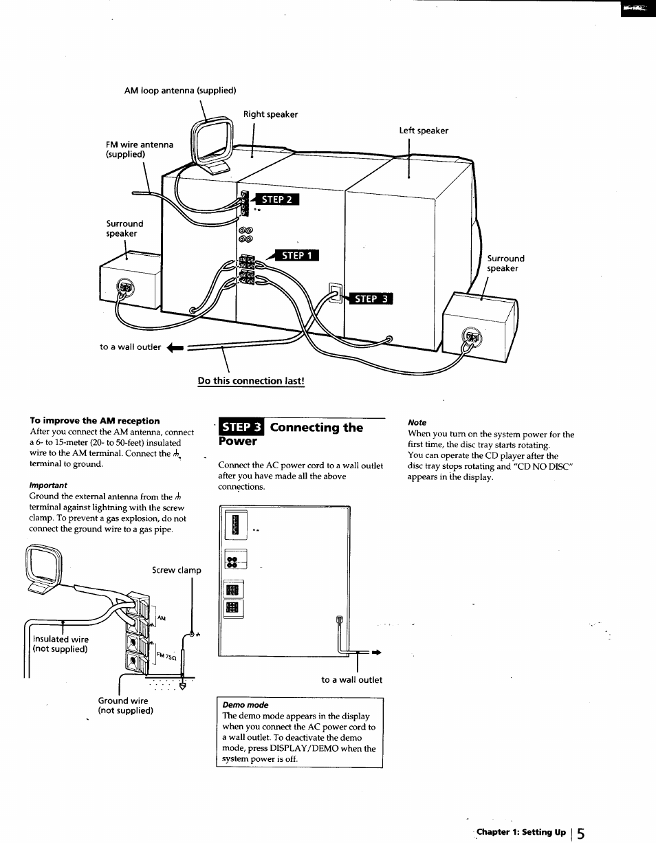 To improve the am reception, Power, Connecting the | Step 3 power connecting the | Sony LBT-D570 User Manual | Page 5 / 30