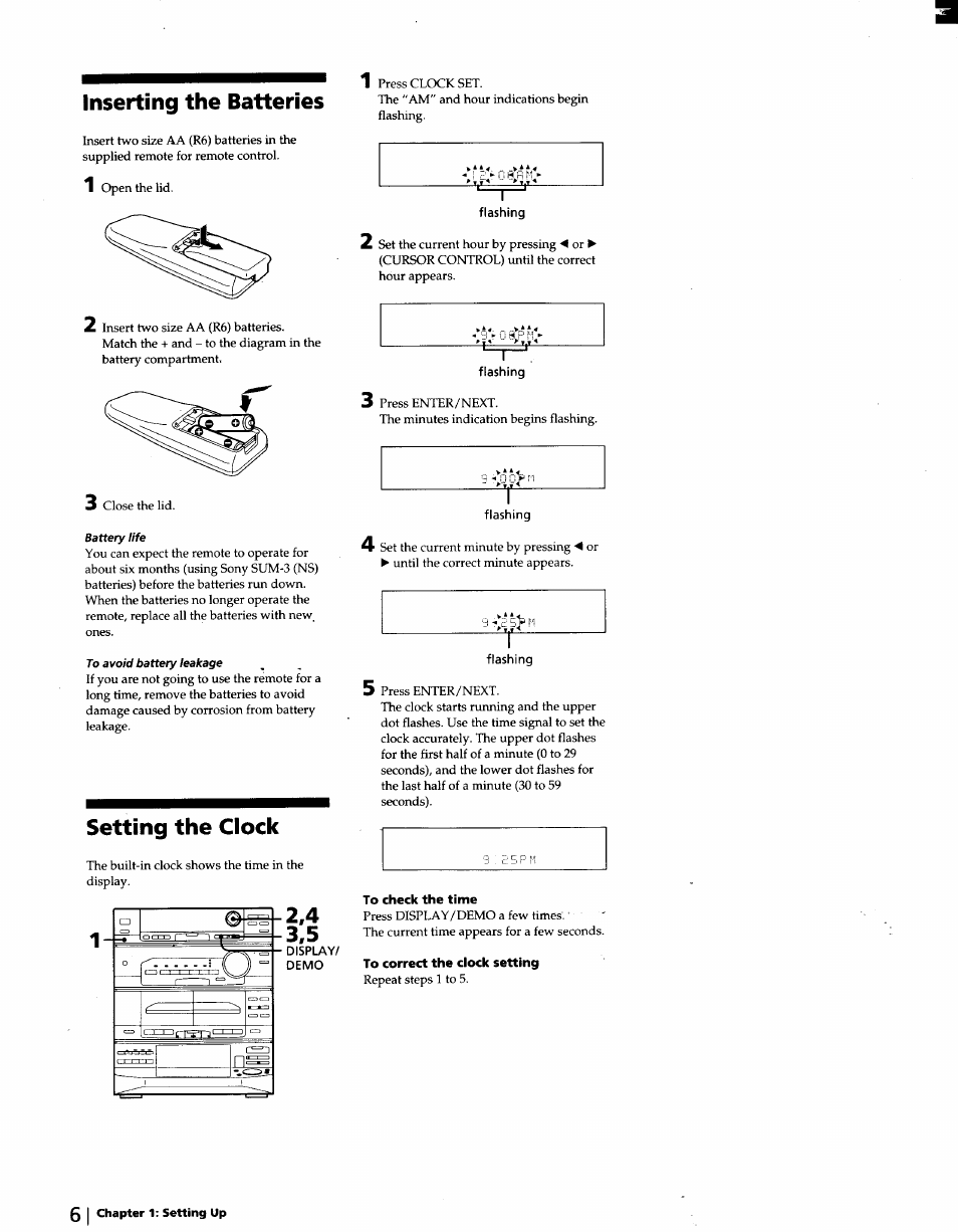 Inserting the batteries, Setting the clock, To check the time | To correct the clock setting | Sony LBT-D570 User Manual | Page 6 / 30