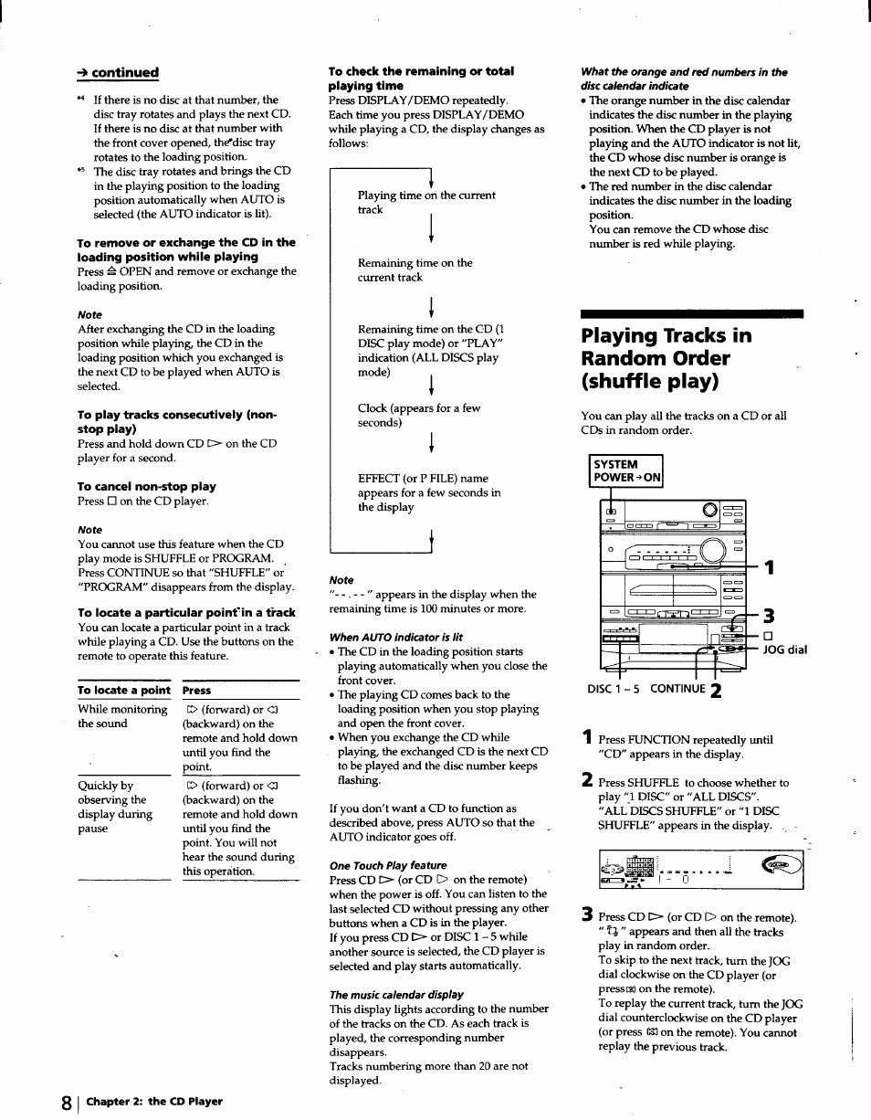 To play tracks consecutively (nonstop play), To cancel non-stop play, To locate a particular point'in a track | To check the remaining or total playing time, Playing tracks in random order (shuffle play), Continued | Sony LBT-D570 User Manual | Page 8 / 30