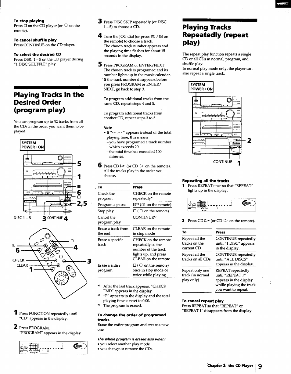 To stop playing, To cancel shuffle play, To select the desired cd | To change the order of programed tracks, Repeating all the tracks, To cancel repeat play, Playing tracks in the desired order (program play), Playing tracks repeatedly (repeat play) | Sony LBT-D570 User Manual | Page 9 / 30