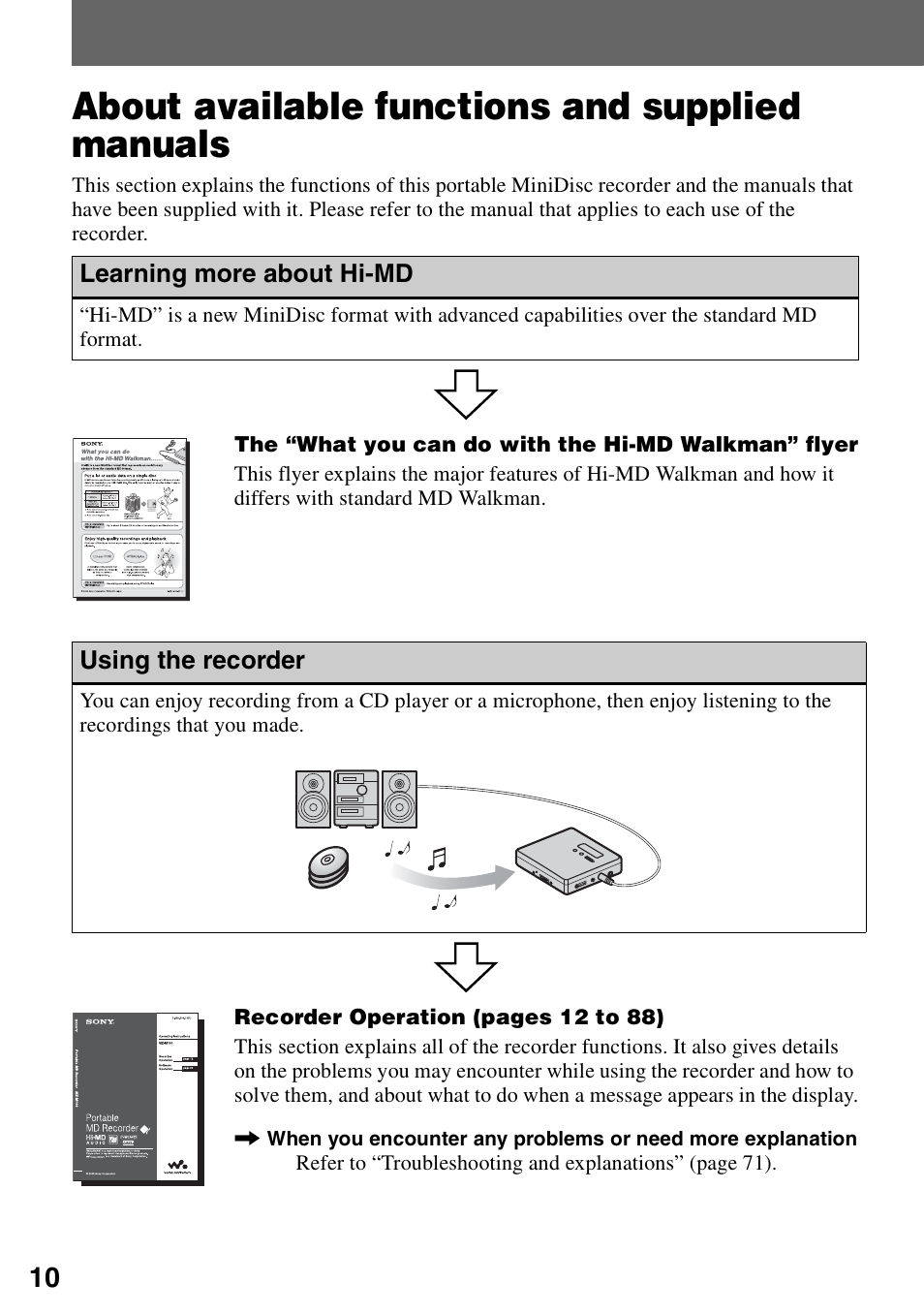 About available functions and supplied manuals, Learning more about hi-md, Using the recorder | About available functions and supplied, Manuals | Sony MZ-M100 User Manual | Page 10 / 119