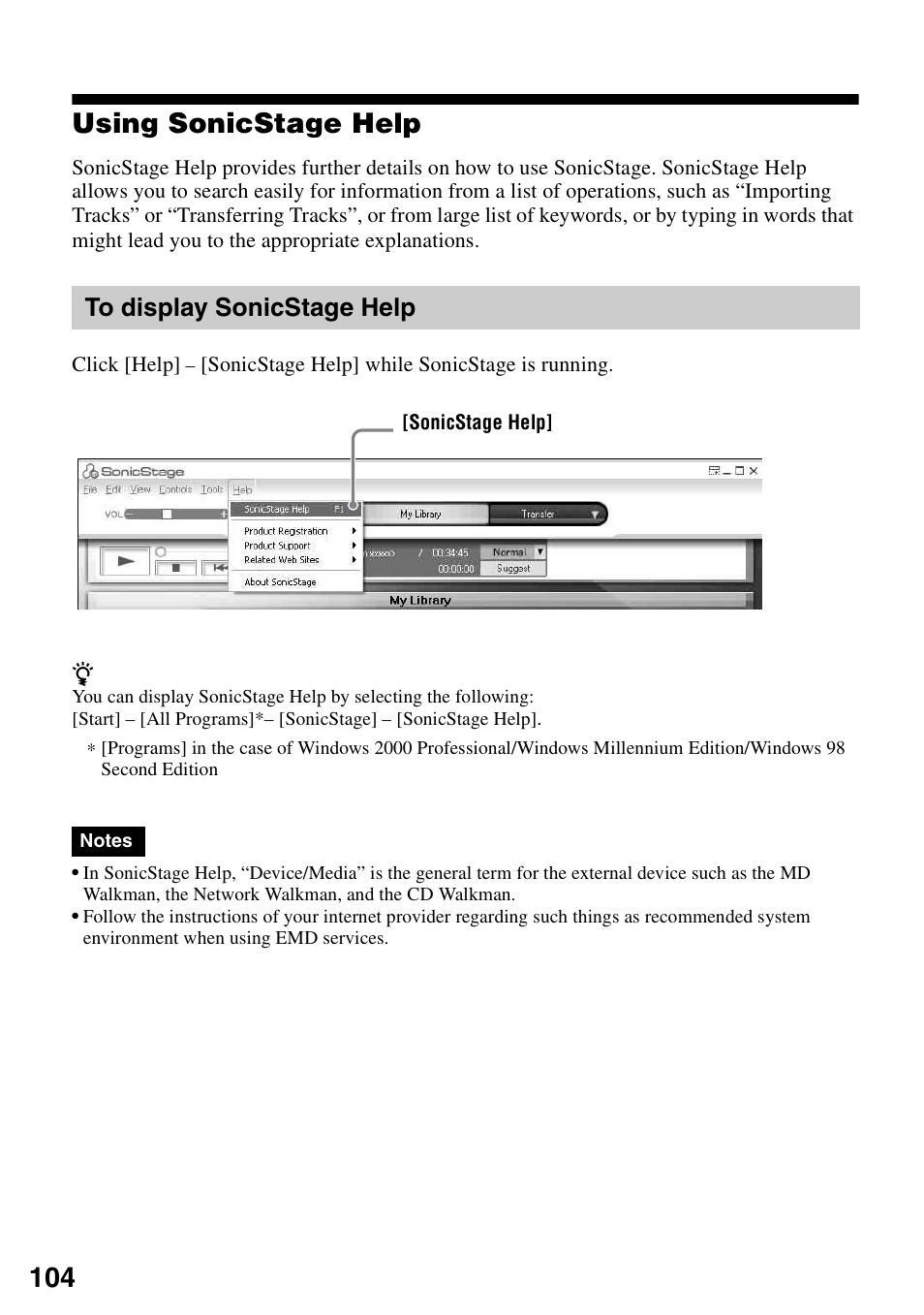 Using sonicstage help, To display sonicstage help, 104 using sonicstage help | Sony MZ-M100 User Manual | Page 104 / 119