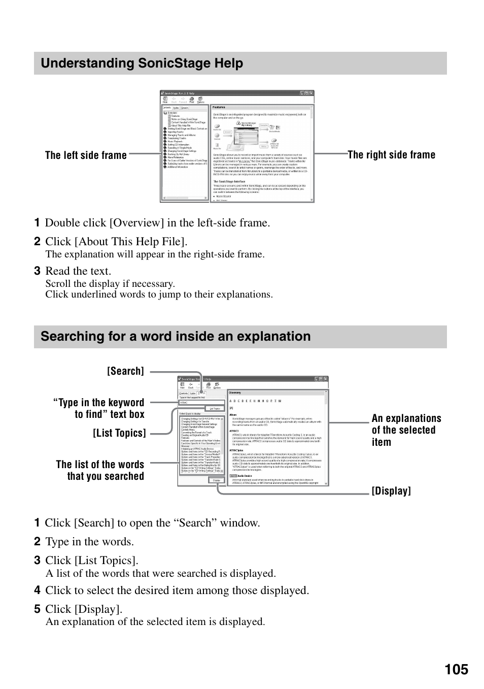 Understanding sonicstage help, Searching for a word inside an explanation | Sony MZ-M100 User Manual | Page 105 / 119