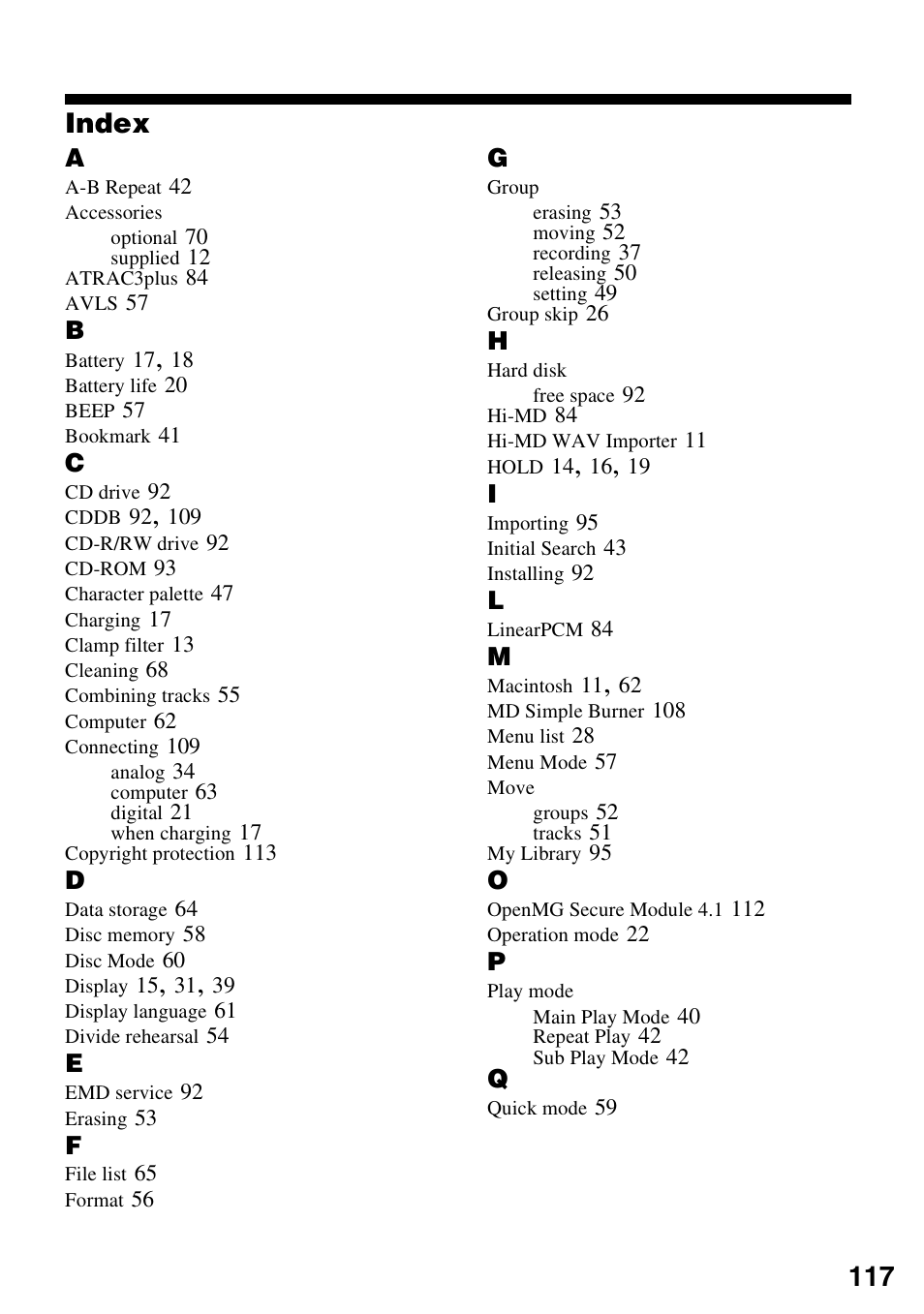 Index | Sony MZ-M100 User Manual | Page 117 / 119
