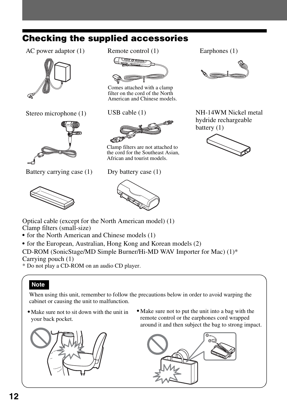 Recorder operation, Checking the supplied accessories, 12 checking the supplied accessories | Sony MZ-M100 User Manual | Page 12 / 119