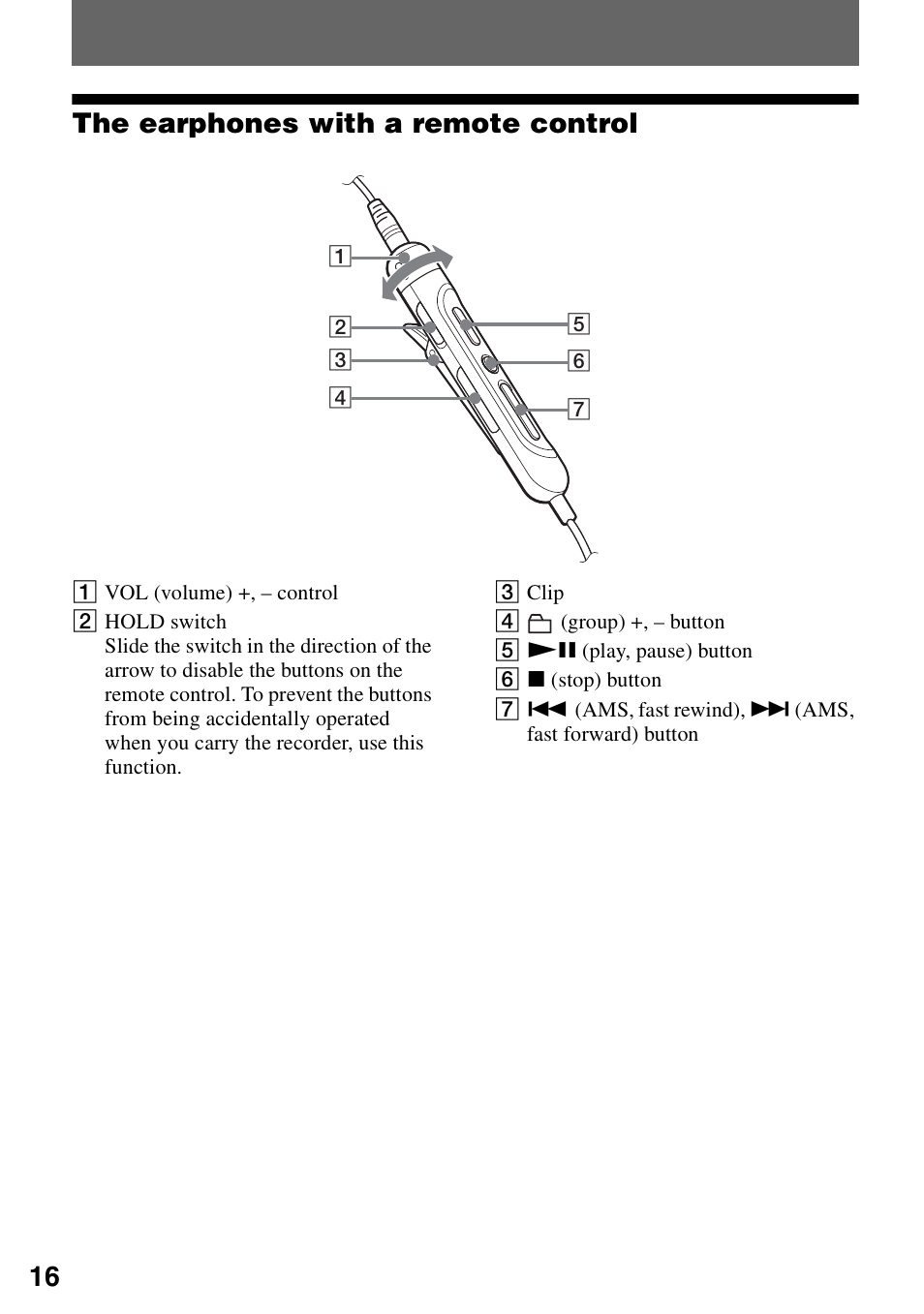 16 the earphones with a remote control | Sony MZ-M100 User Manual | Page 16 / 119