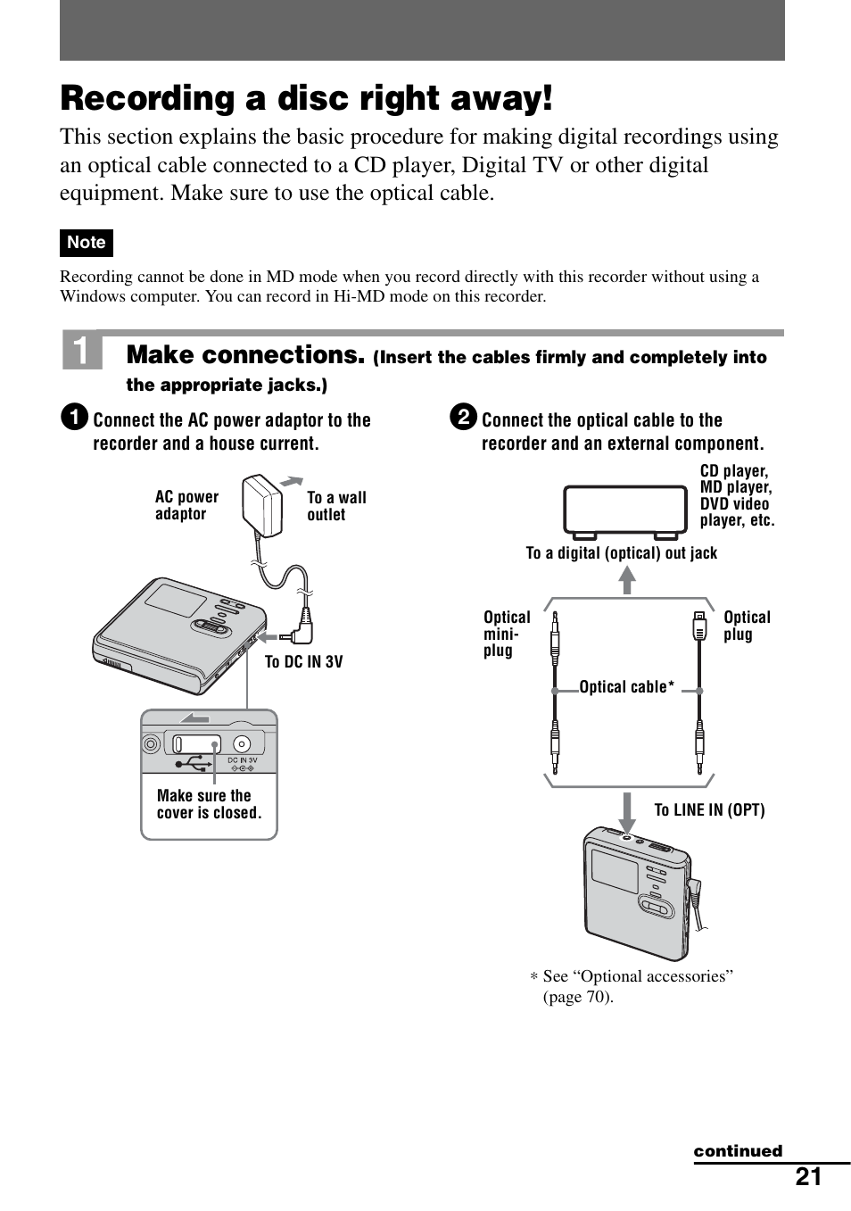 Recording a disc right away, Make connections | Sony MZ-M100 User Manual | Page 21 / 119