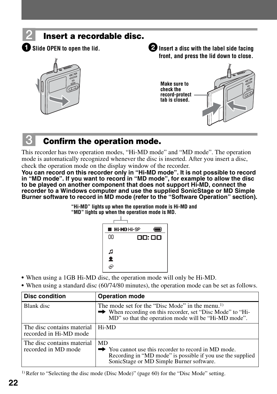 Insert a recordable disc, Confirm the operation mode | Sony MZ-M100 User Manual | Page 22 / 119