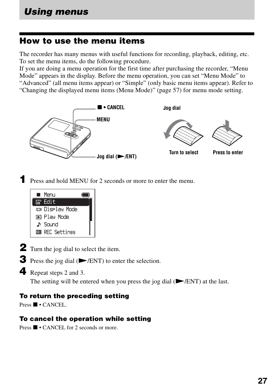 Using menus, How to use the menu items | Sony MZ-M100 User Manual | Page 27 / 119