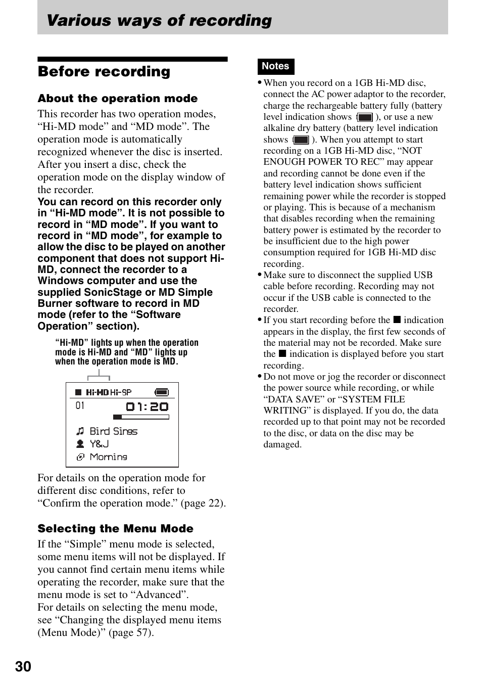 Various ways of recording, Before recording | Sony MZ-M100 User Manual | Page 30 / 119