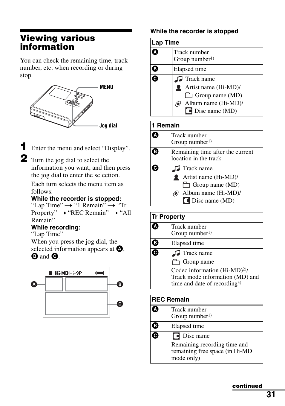 Viewing various information, 31 viewing various information | Sony MZ-M100 User Manual | Page 31 / 119