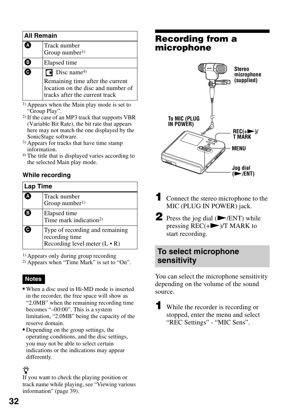 Recording from a microphone, To select microphone sensitivity | Sony MZ-M100 User Manual | Page 32 / 119