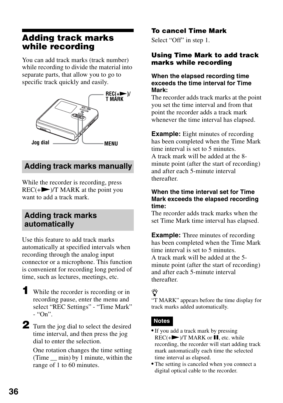 Adding track marks while recording, Adding track marks manually, Adding track marks automatically | 36 adding track marks while recording | Sony MZ-M100 User Manual | Page 36 / 119