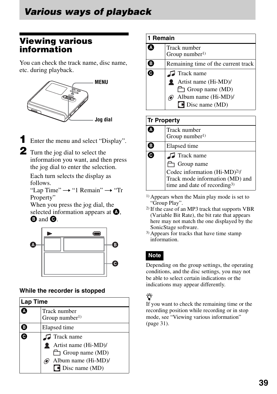 Various ways of playback, Viewing various information | Sony MZ-M100 User Manual | Page 39 / 119