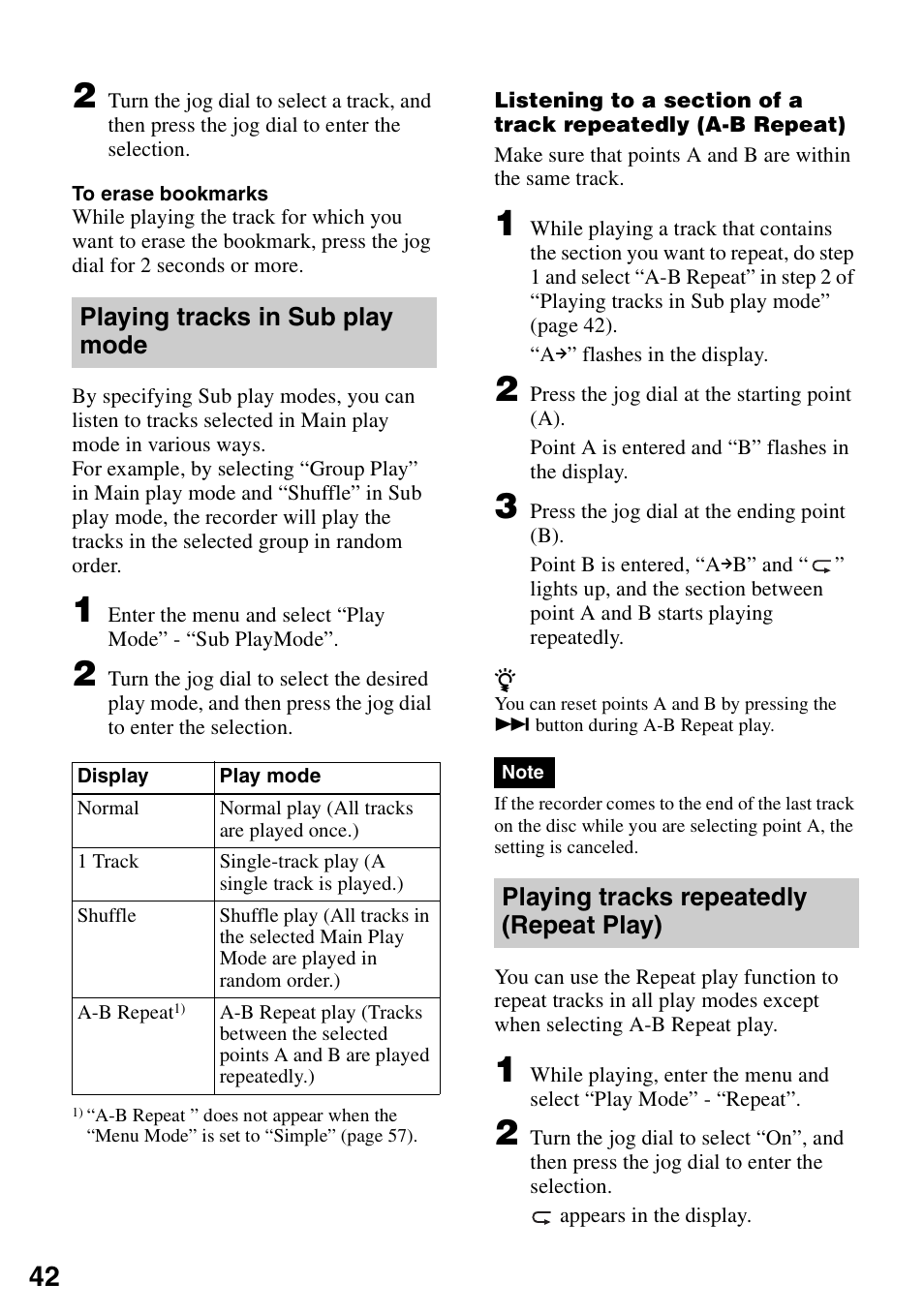 Playing tracks in sub play mode, Playing tracks repeatedly (repeat play) | Sony MZ-M100 User Manual | Page 42 / 119