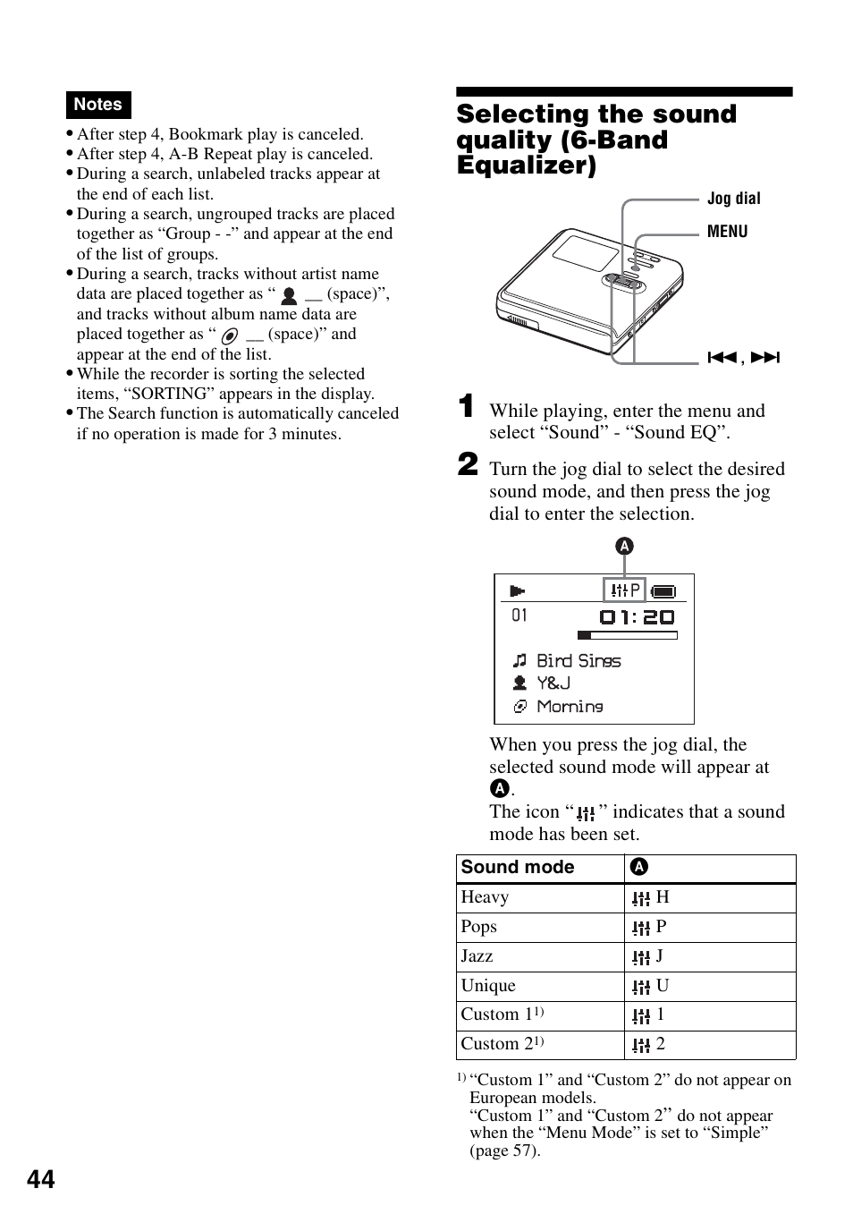 Selecting the sound quality (6-band equalizer) | Sony MZ-M100 User Manual | Page 44 / 119
