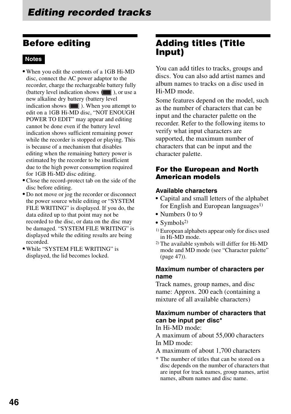 Editing recorded tracks, Before editing, Adding titles (title input) | Before editing adding titles (title input) | Sony MZ-M100 User Manual | Page 46 / 119