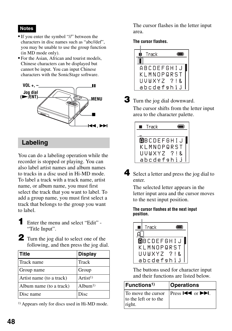 Labeling | Sony MZ-M100 User Manual | Page 48 / 119