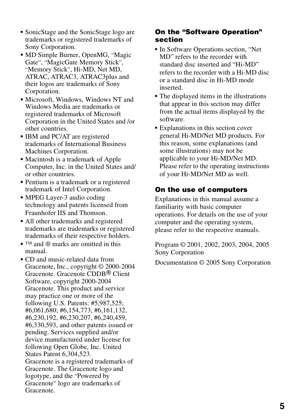 Sony MZ-M100 User Manual | Page 5 / 119