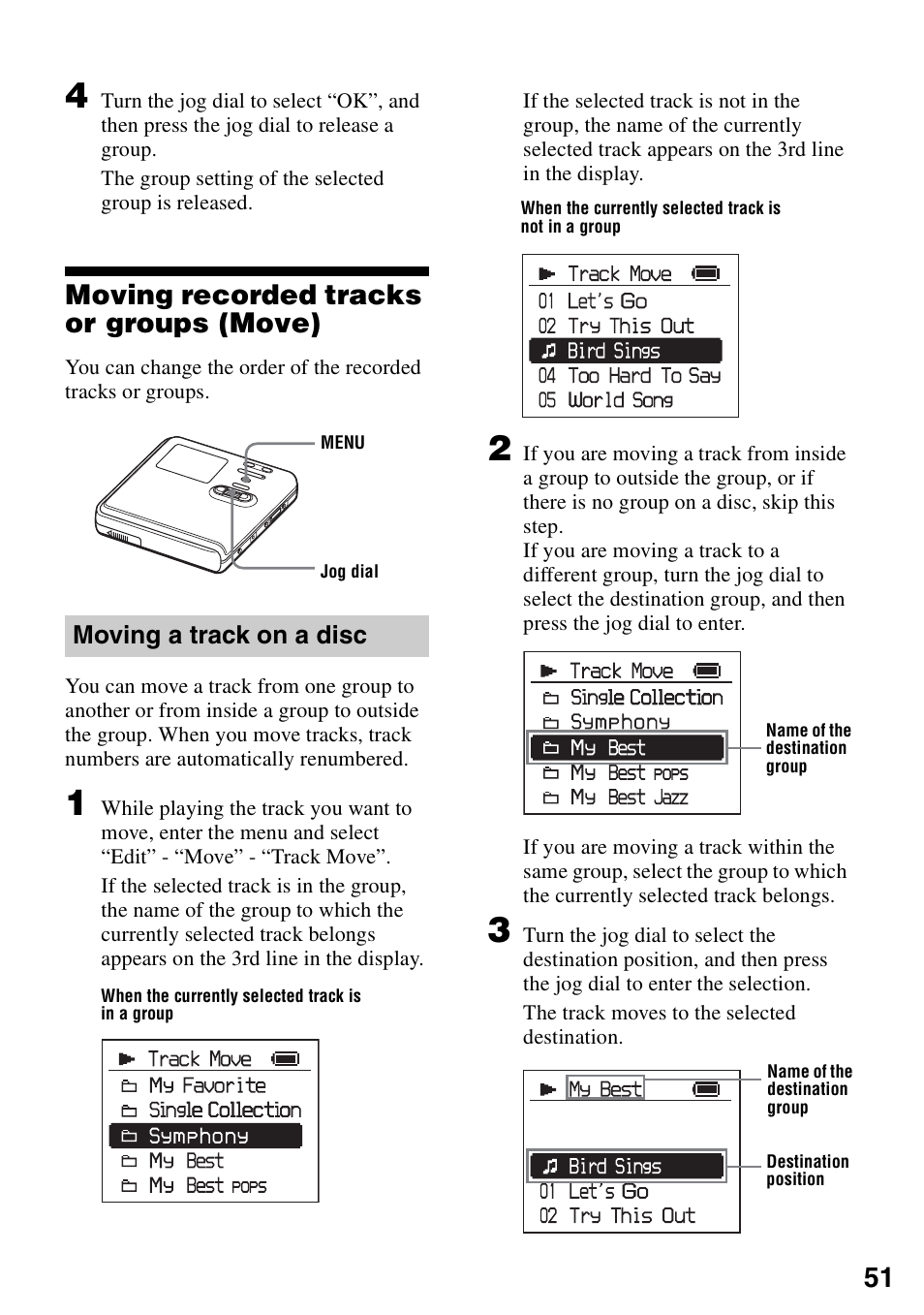 Moving recorded tracks or groups (move), Moving a track on a disc | Sony MZ-M100 User Manual | Page 51 / 119