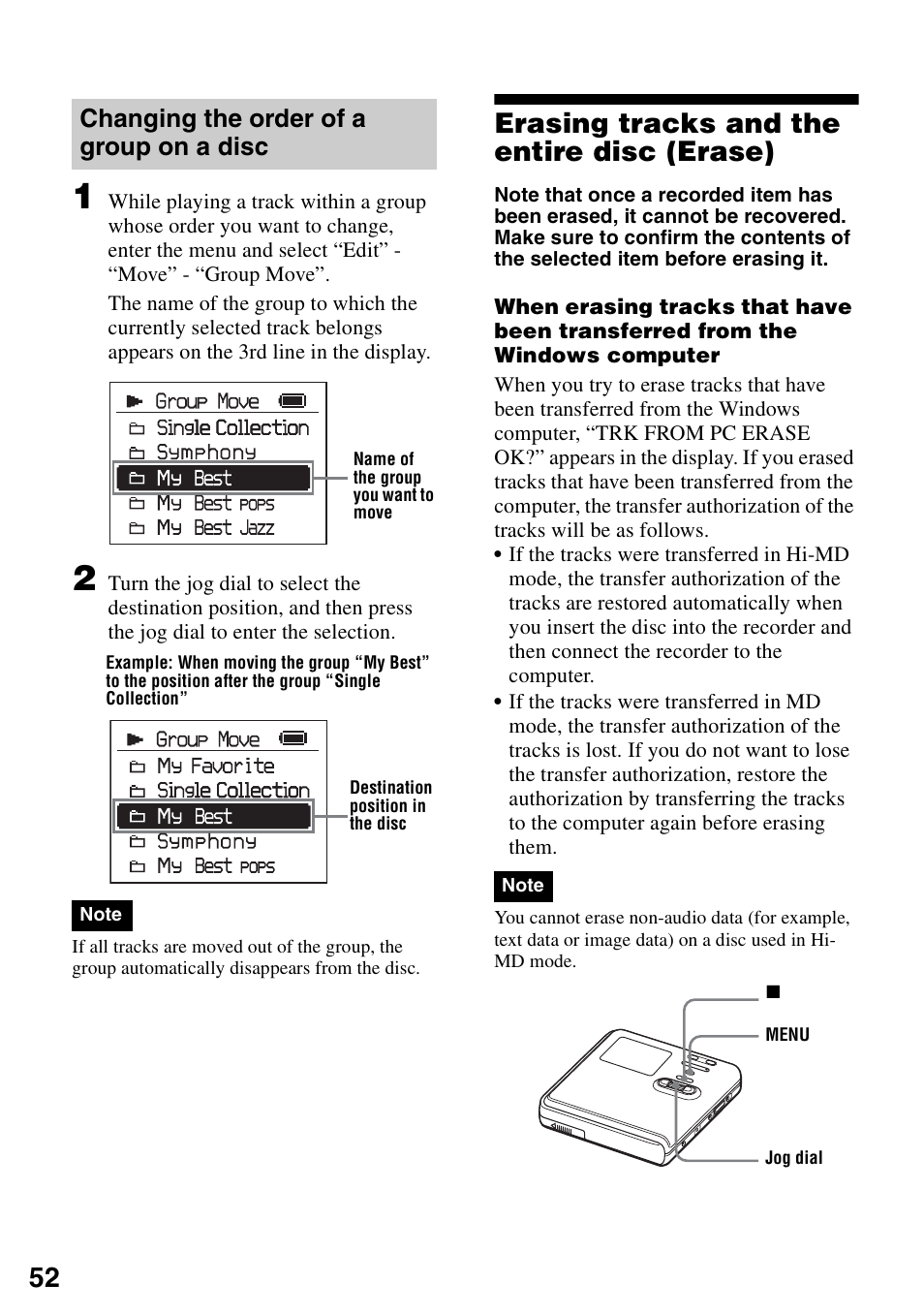 Changing the order of a group on a disc, Erasing tracks and the entire disc (erase) | Sony MZ-M100 User Manual | Page 52 / 119