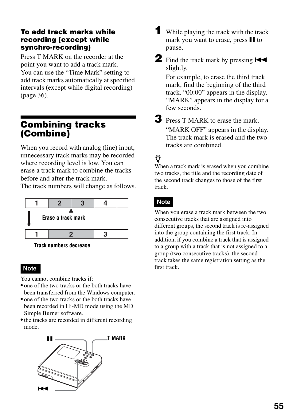 Combining tracks (combine) | Sony MZ-M100 User Manual | Page 55 / 119