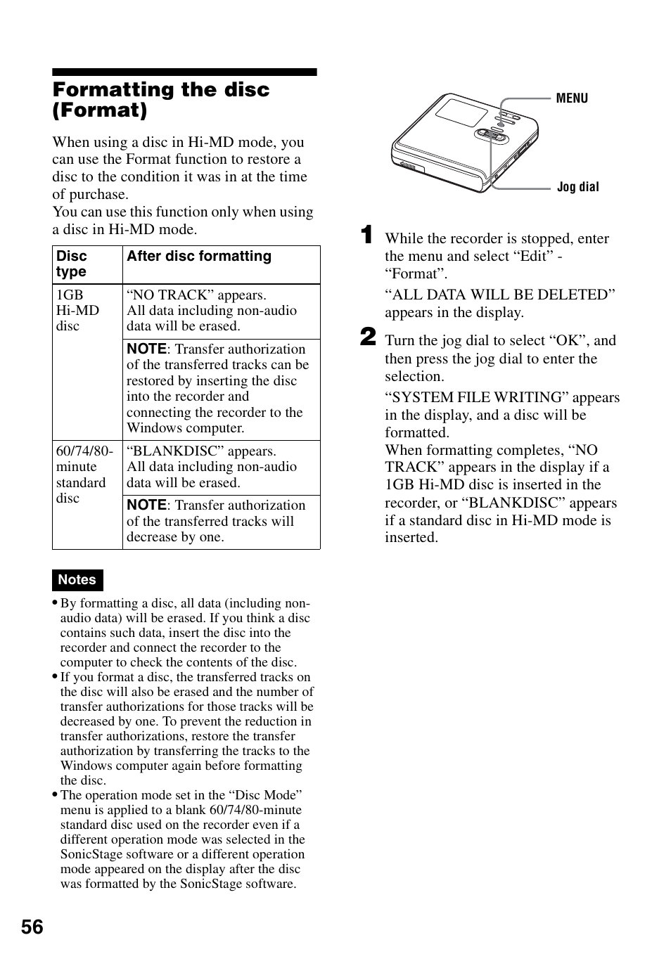 Formatting the disc (format), 56 formatting the disc (format) | Sony MZ-M100 User Manual | Page 56 / 119