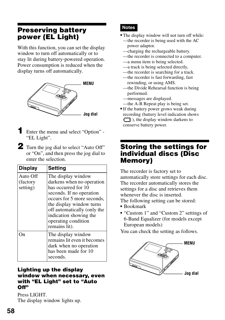 Preserving battery power (el light), 58 preserving battery power (el light) | Sony MZ-M100 User Manual | Page 58 / 119