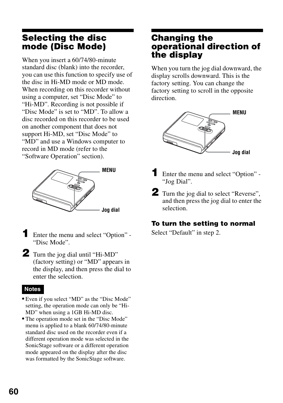 Selecting the disc mode (disc mode), Changing the operational direction of the display, 60 selecting the disc mode (disc mode) | Sony MZ-M100 User Manual | Page 60 / 119