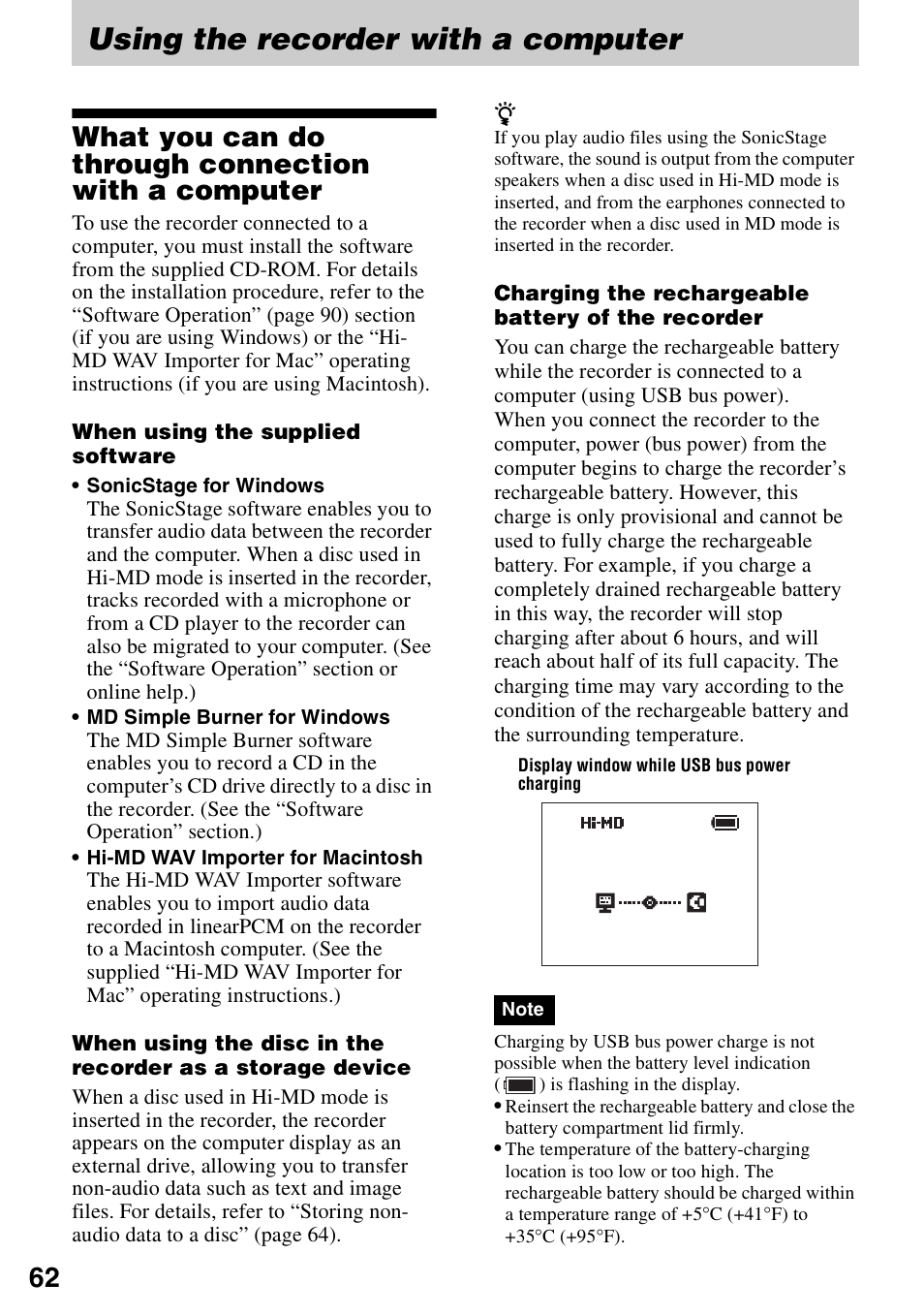 Using the recorder with a computer, What you can do through connection with a computer | Sony MZ-M100 User Manual | Page 62 / 119