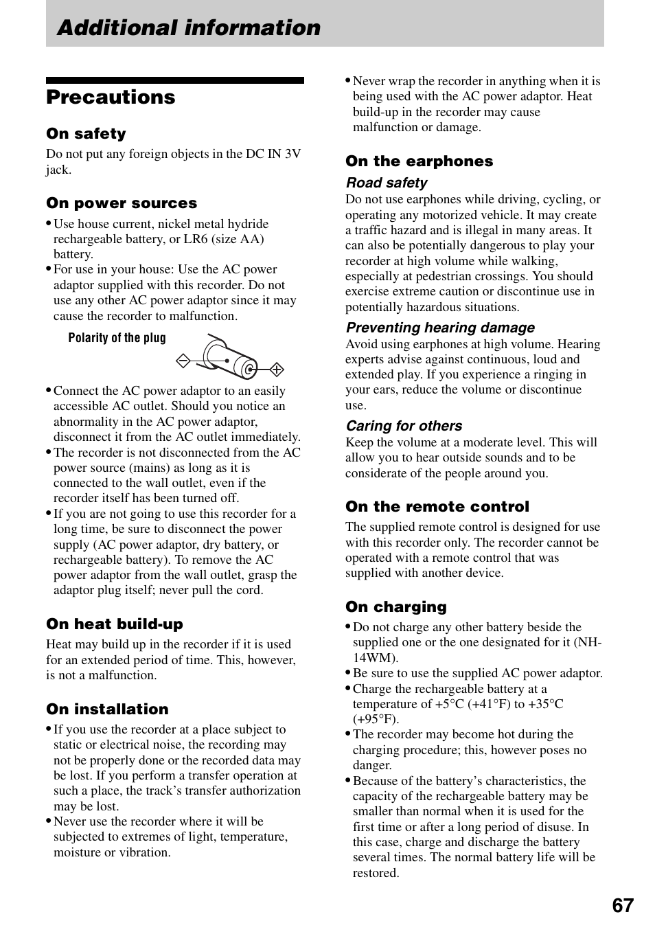 Additional information, Precautions | Sony MZ-M100 User Manual | Page 67 / 119