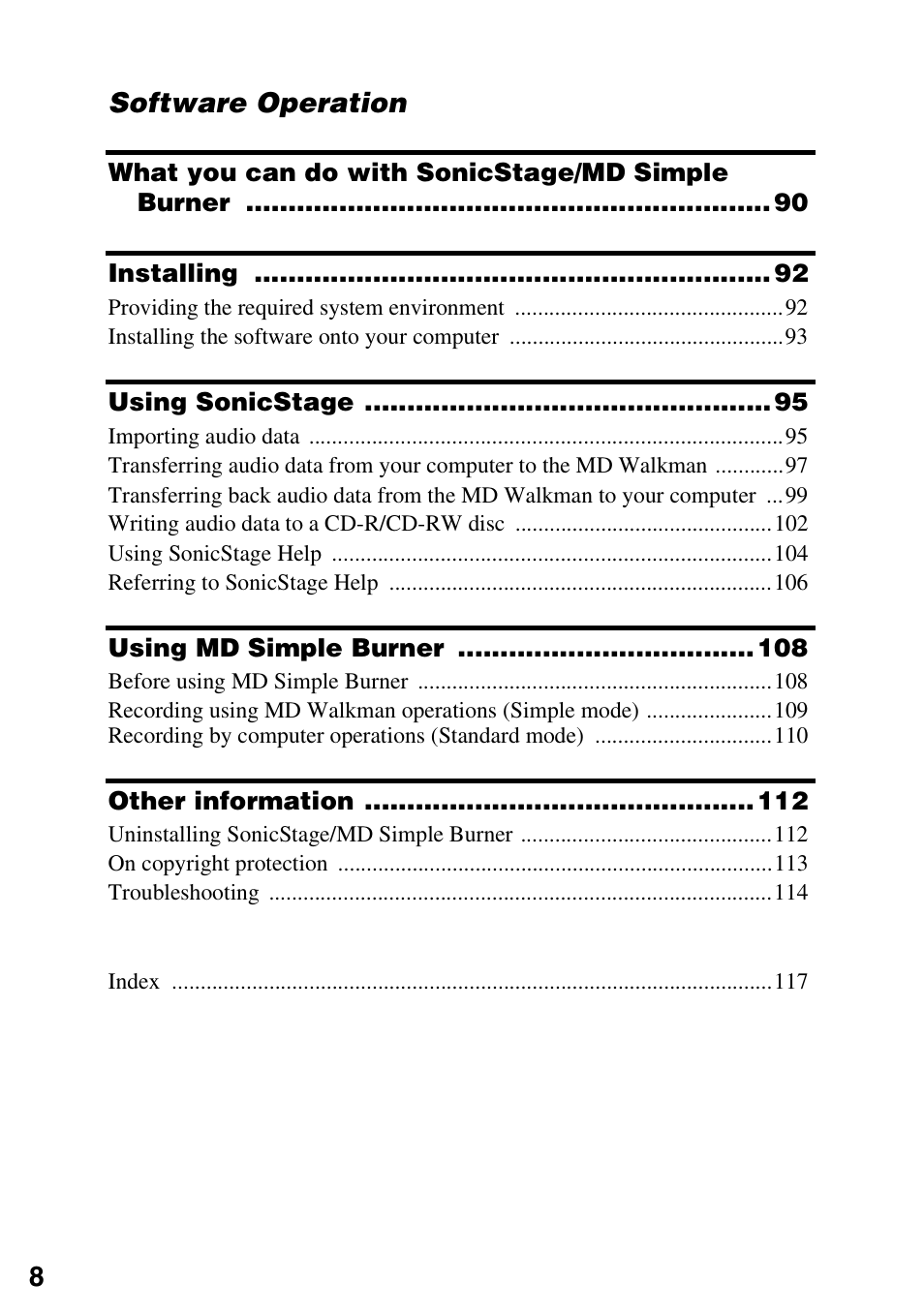 Software operation | Sony MZ-M100 User Manual | Page 8 / 119