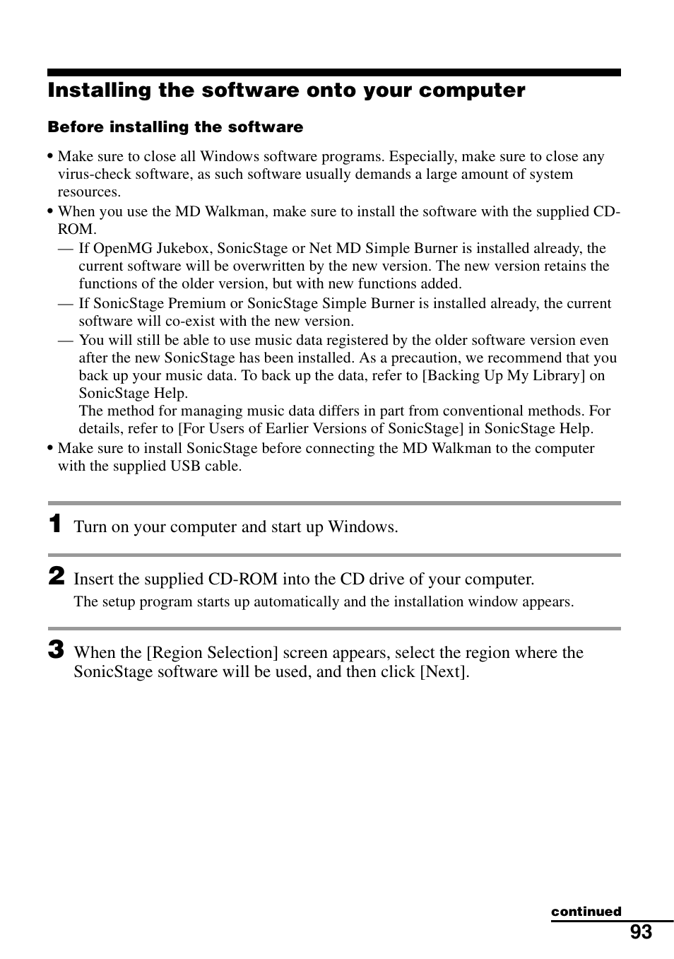 Installing the software onto your computer, 93 installing the software onto your computer | Sony MZ-M100 User Manual | Page 93 / 119