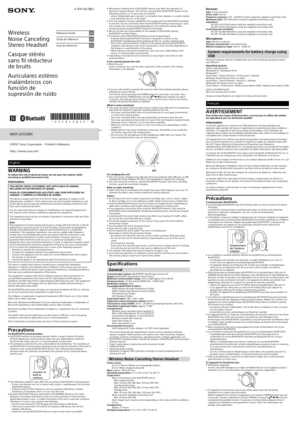 Sony MDR-ZX750BN User Manual | 2 pages