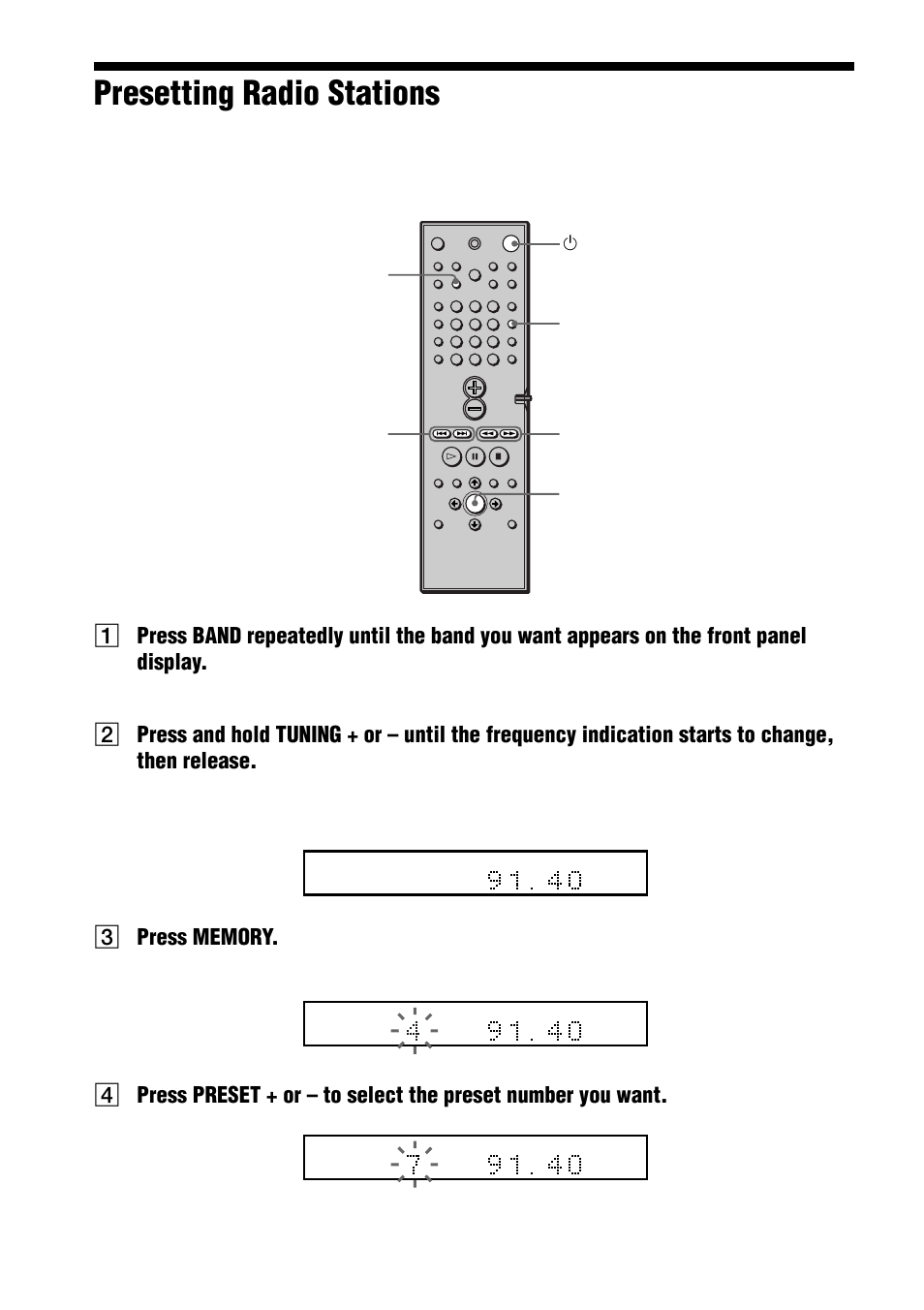 Presetting radio stations, A preset number appears on the front panel display | Sony DAV-C770 User Manual | Page 30 / 88
