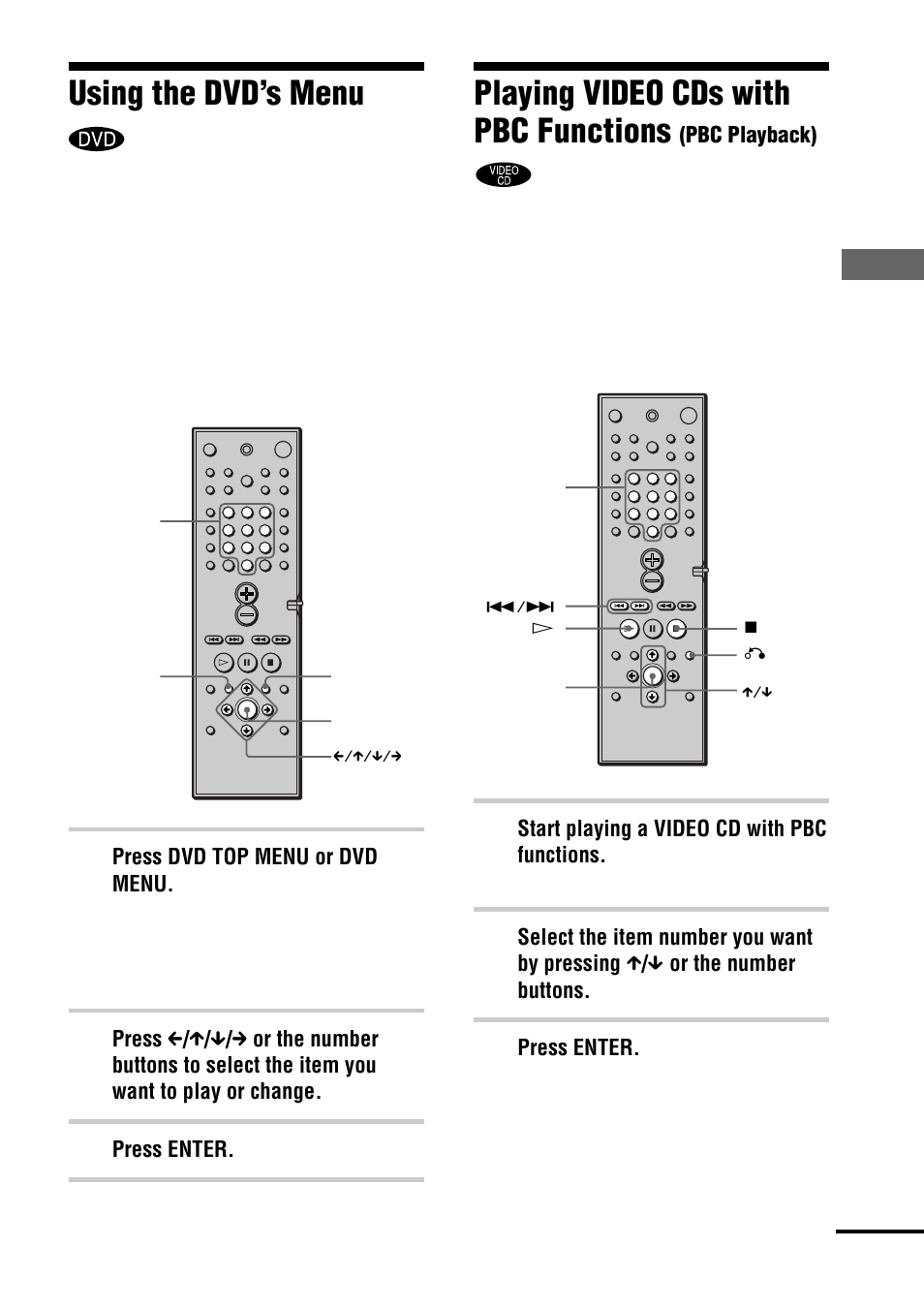Playing video cds with pbc functions, Using the dvd’s menu, Pla ying discs | Pbc playback), Start playing a video cd with pbc functions, Press enter, Press dvd top menu or dvd menu | Sony DAV-C770 User Manual | Page 35 / 88