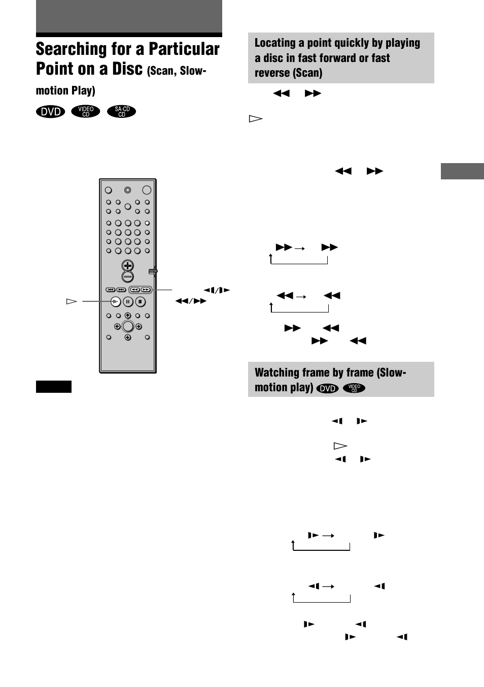 Searching for a particular point on a disc, Sear ching f or a scene, Scan, slow- motion play) | Watching frame by frame (slow- motion play) | Sony DAV-C770 User Manual | Page 43 / 88