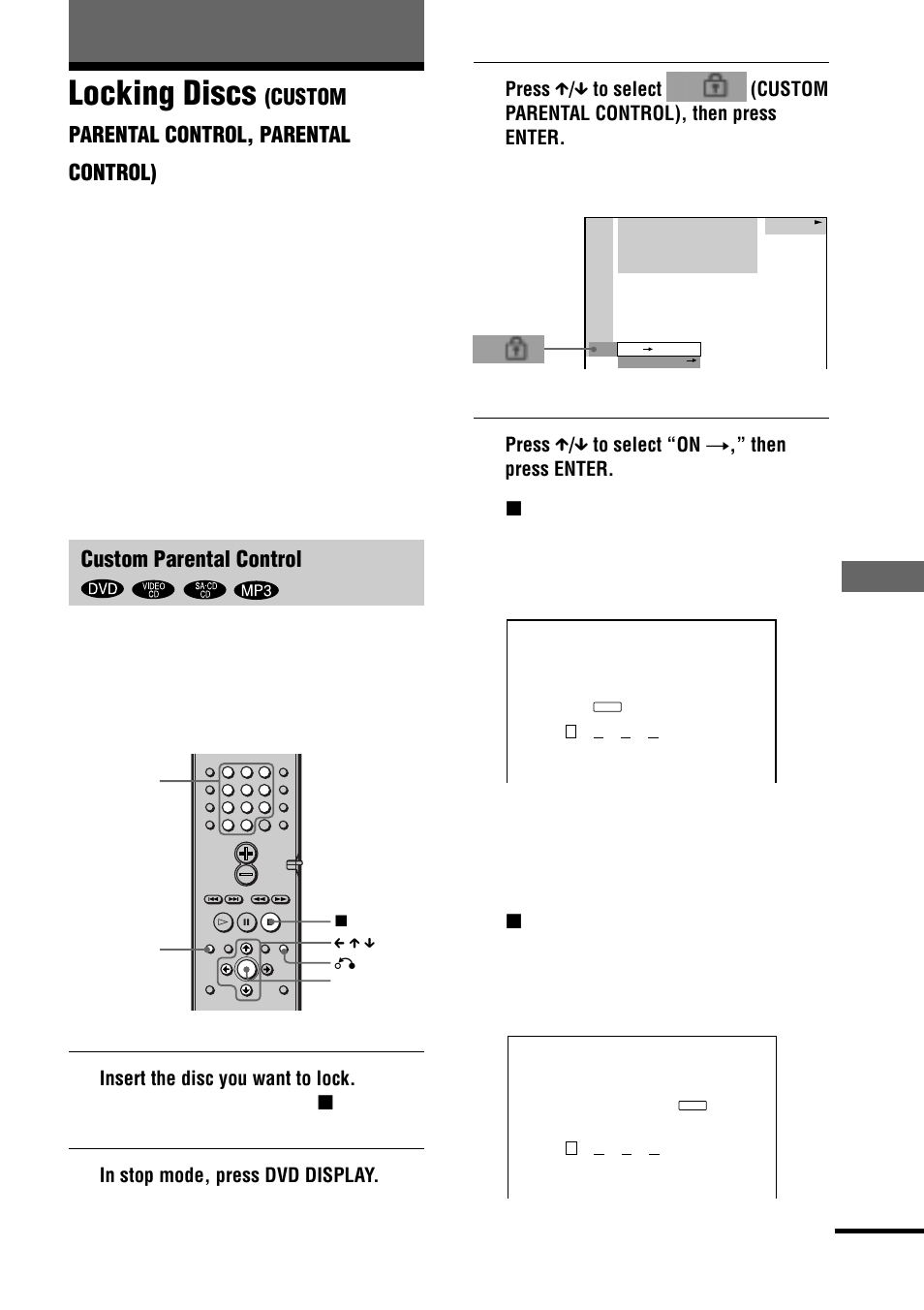 Locking discs, Using v arious additional functions, Custom parental control, parental control) | Custom parental control | Sony DAV-C770 User Manual | Page 57 / 88