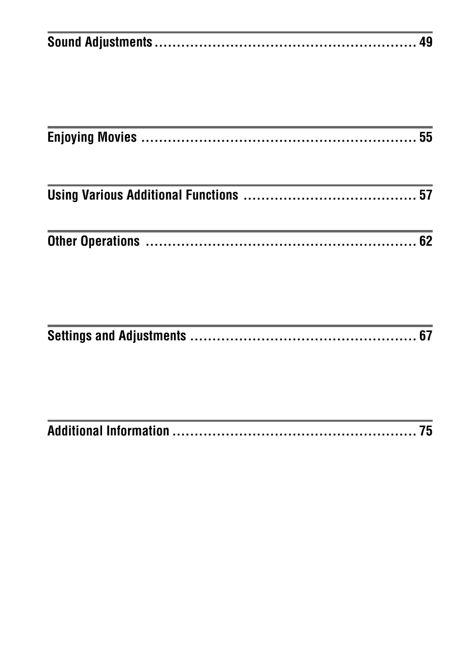 Sound adjustments, Enjoying movies, Using various additional functions | Other operations, Settings and adjustments, Additional information | Sony DAV-C770 User Manual | Page 6 / 88