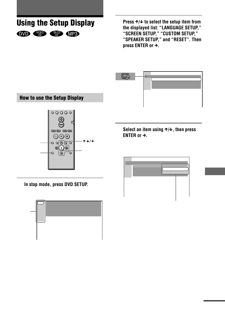 Using the setup display, Settings and adjustments, How to use the setup display | Sony DAV-C770 User Manual | Page 67 / 88