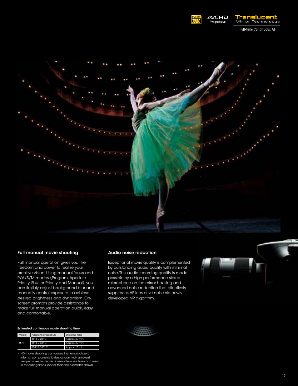 Full manual movie shooting, Audio noise reduction | Sony SLT-A77VM User Manual | Page 17 / 32