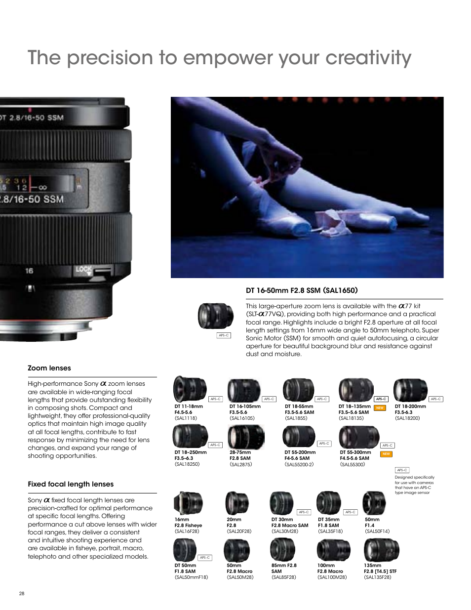 The precision to empower your creativity, Zoom lenses, Fixed focal length lenses | Sony SLT-A77VM User Manual | Page 28 / 32