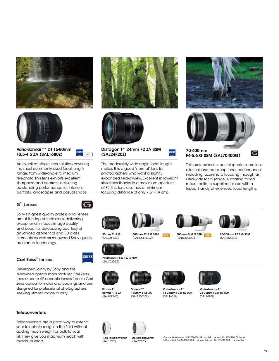 Carl zeiss, Lenses, Teleconverters | Sony SLT-A77VM User Manual | Page 29 / 32