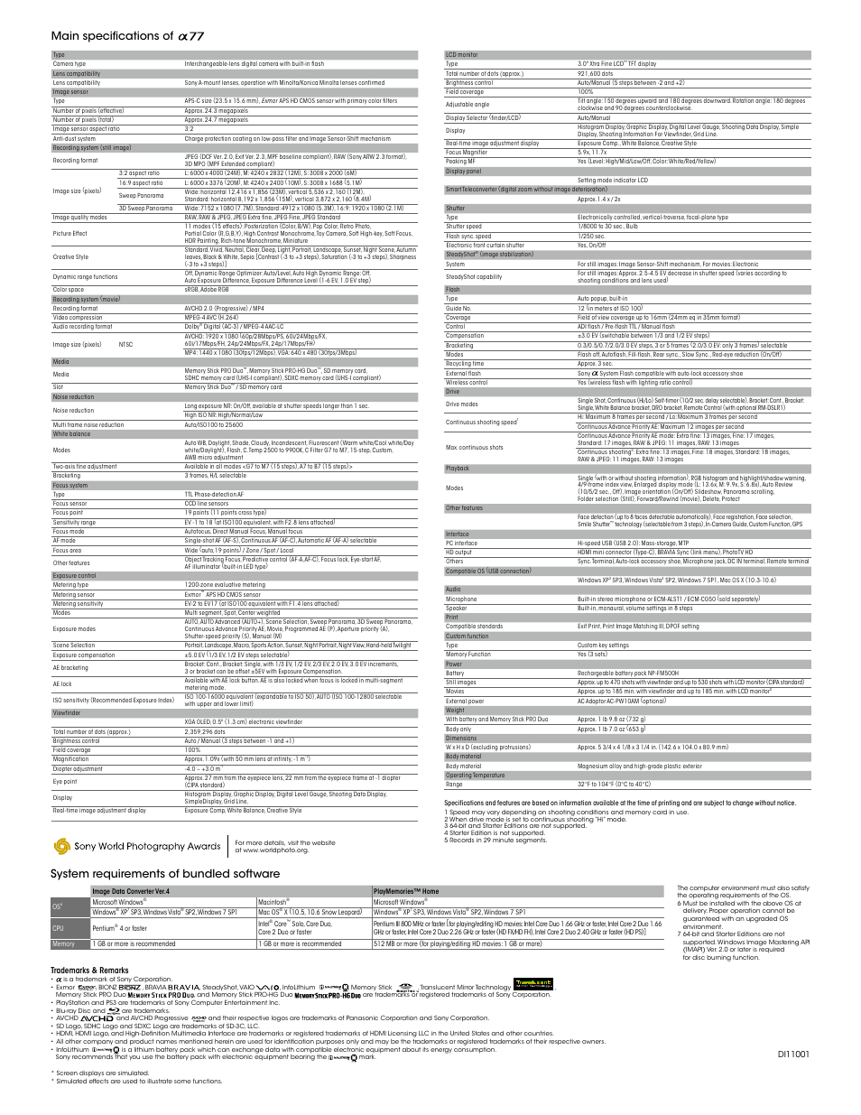 Main specifications of, System requirements of bundled software | Sony SLT-A77VM User Manual | Page 32 / 32