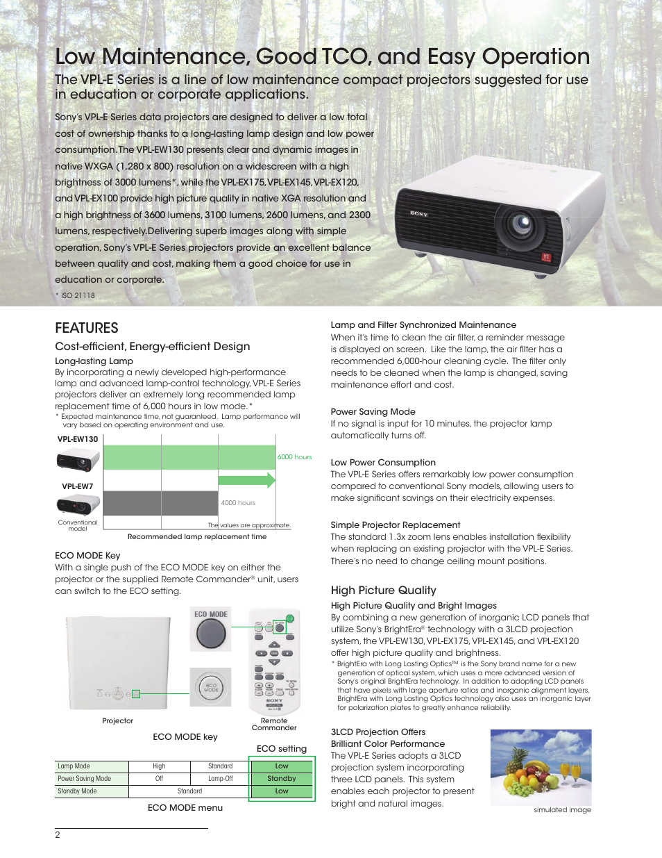 Low maintenance, good tco, and easy operation, Features, Cost-effi cient, energy-effi cient design | High picture quality | Sony VPL-EX120 User Manual | Page 2 / 4