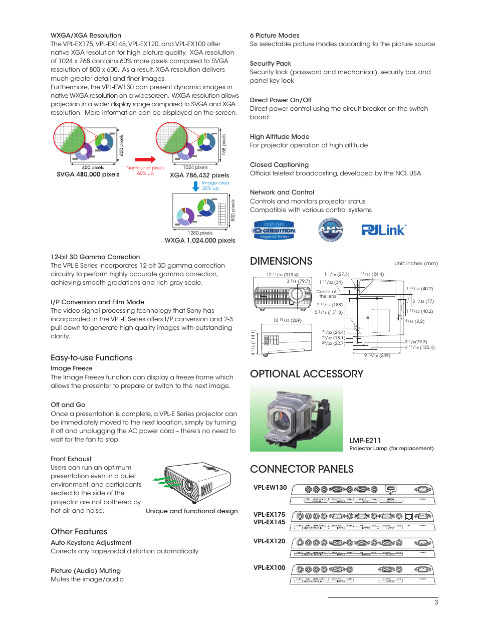 Optional accessory, Connector panels, Dimensions | Easy-to-use functions, Other features, Lmp-e211 | Sony VPL-EX120 User Manual | Page 3 / 4