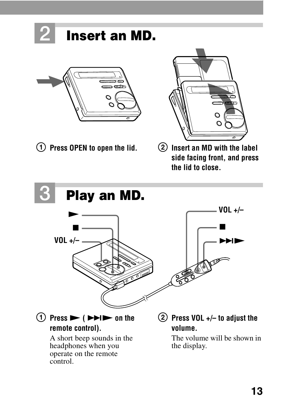 Insert an md, Play an md | Sony MZ-R70 User Manual | Page 13 / 76