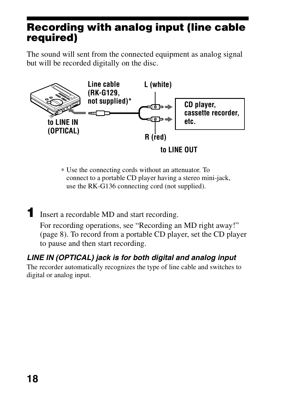 Recording with analog input (line cable required) | Sony MZ-R70 User Manual | Page 18 / 76